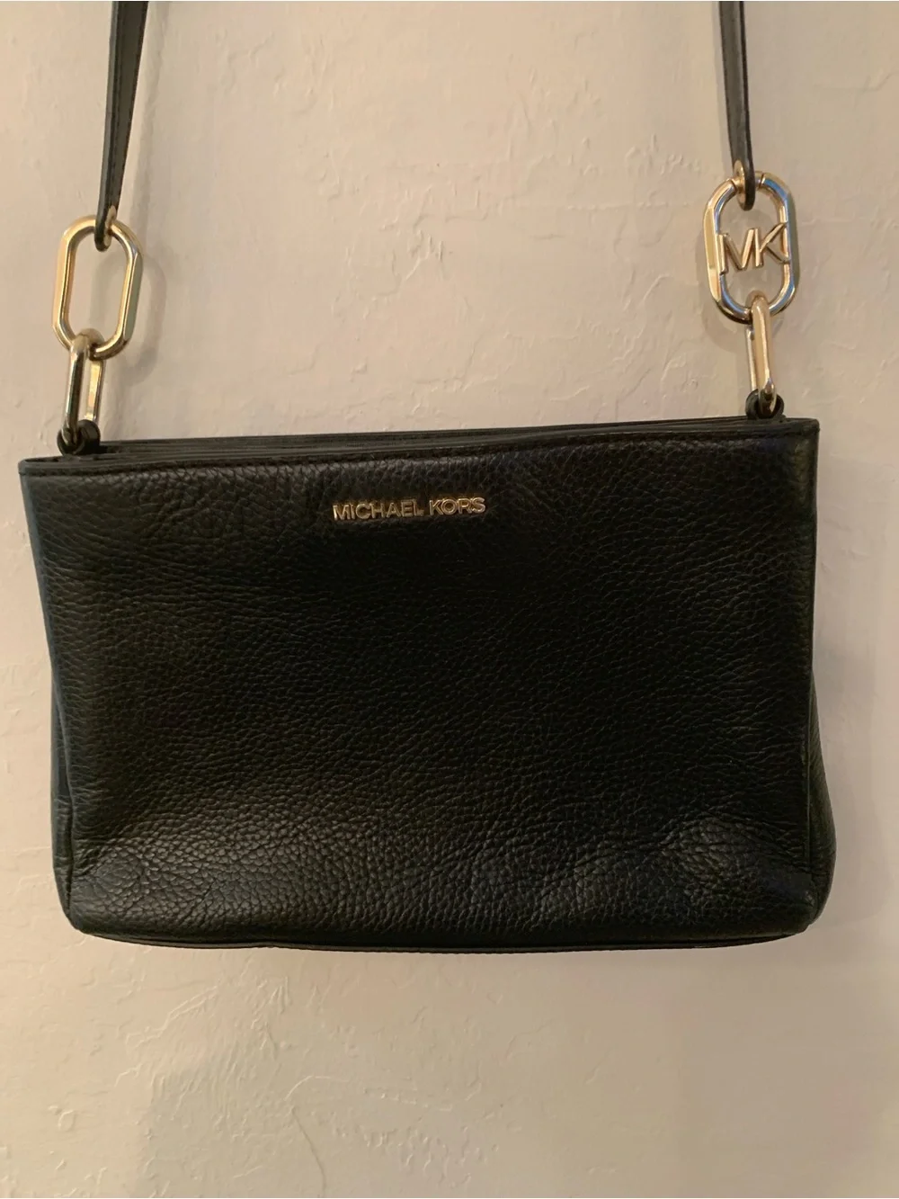 Michael Kors Black Leather Gold-Tone Logo Accent Adjustable  Strap Crossbody